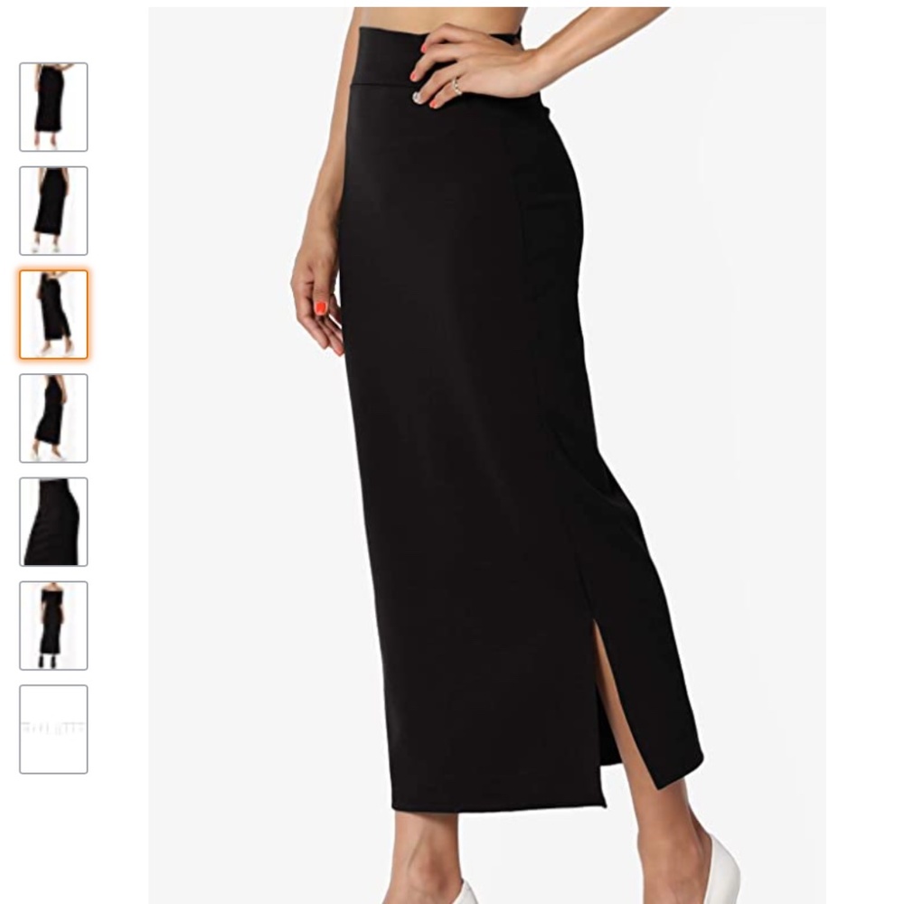 Side Slit High Waist Stretch Ponte Knit Mid Calf Long Pencil Skirt